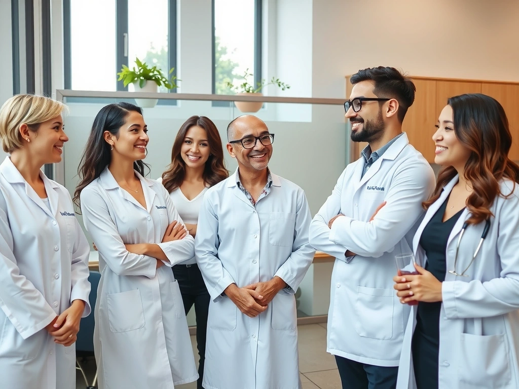 A diverse group of smiling scientists and wellness experts in a collaborative meeting, symbolizing a dedicated team