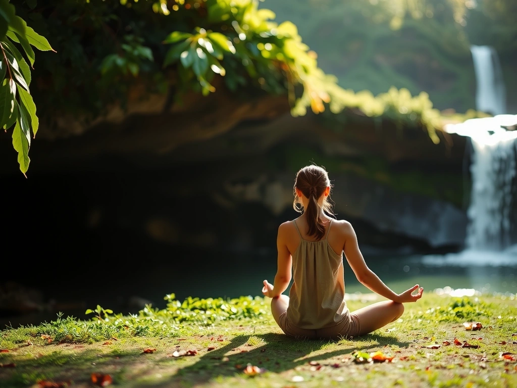 A woman meditating in a serene natural environment, symbolizing wellness and peace