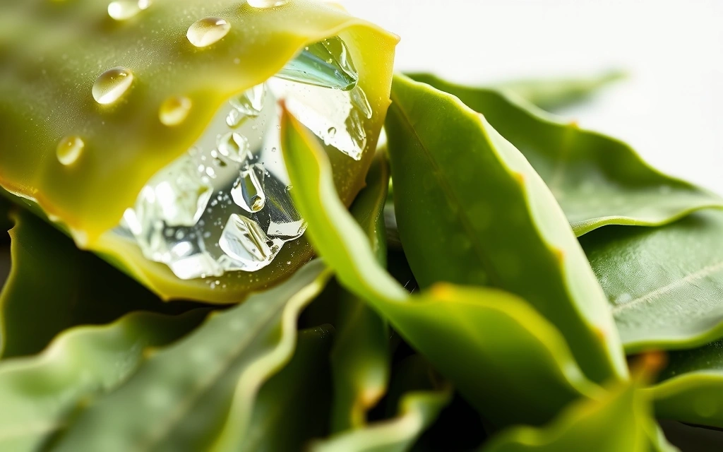Close-up of aloe vera plant with gel, and green tea leaves, symbolizing natural skincare.