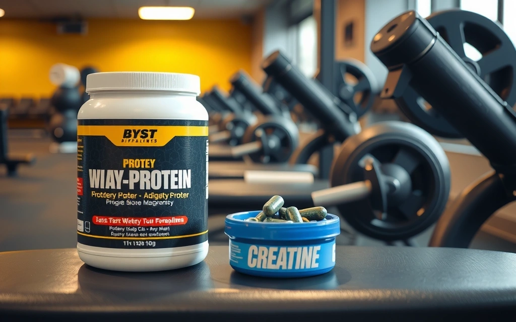 Protein powder tub and creatine capsules on a gym bench, symbolizing workout and recovery.
