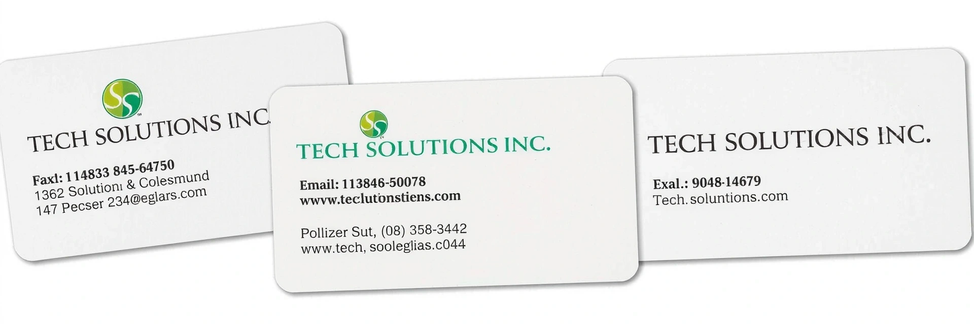 Three business cards with contact information for Tech Solutions Inc.