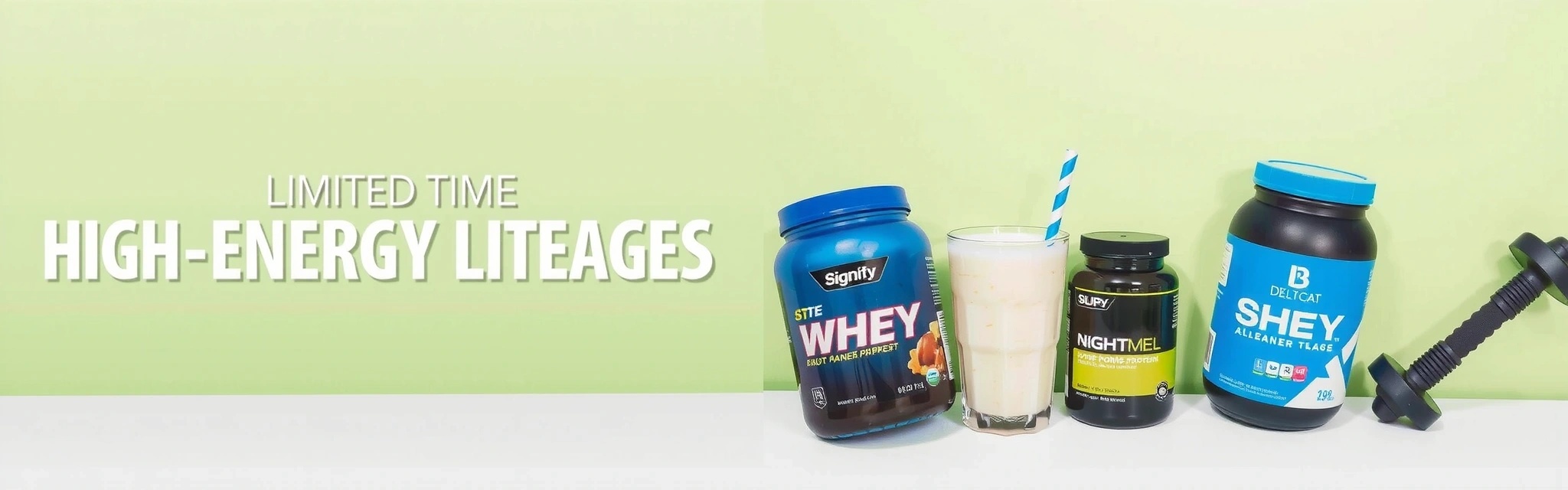 A dynamic promotional banner for a limited-time offer on men's performance supplements, showing active lifestyle elements like gym equipment and a healthy meal, with bold product placement.