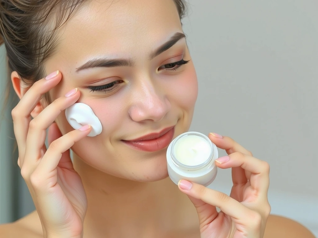 A woman applying a natural skincare product, with a serene expression